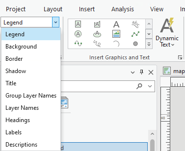 ArcGIS Pro ribbon with the legend dropdown menu showing various elements of the legend.