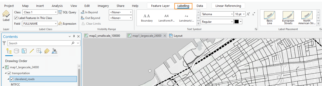 ArcGIS Pro labeling ribbon in which labeling is highlighted with an orange box.