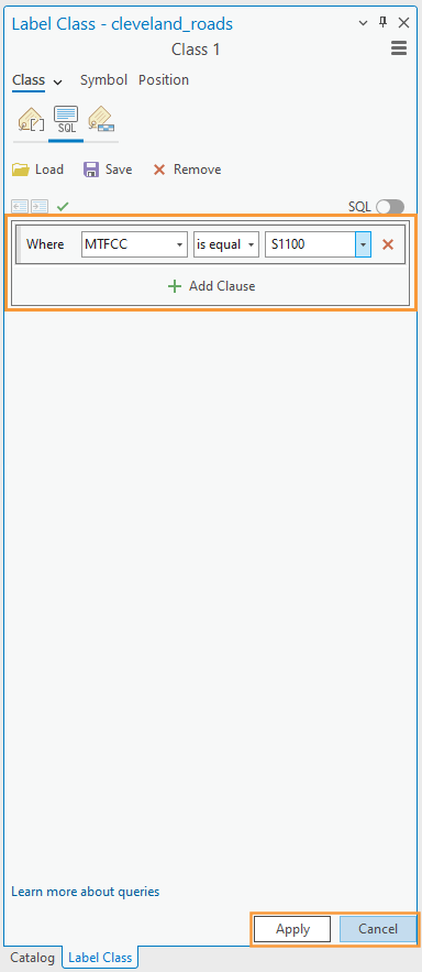 Label class panel in which the SQL query of MTFCC is equal to S1100 which is highlighted with an orange box.