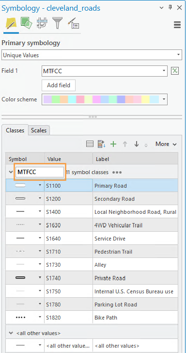 ArcGIS Pro symbology panel with an orange box highlighting the MTFCC field which has 11 symbol classes