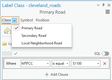 ArcGIS Pro label class window for the cleveland roads feature class. The class dropdown menu is highlighted with an orange box and the label class drop down menu shows primary road, secondary road, and local neighborhood road label classes.