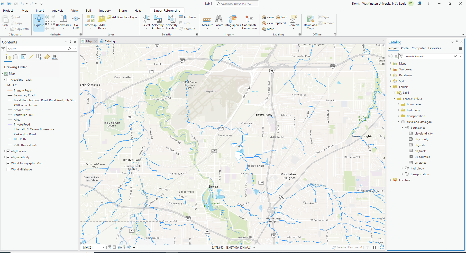 ArcGIS Pro interface showing a map display of the Cleveland area, a contents panel on the left which contains layers, and the catalog panel on the right which contains files.