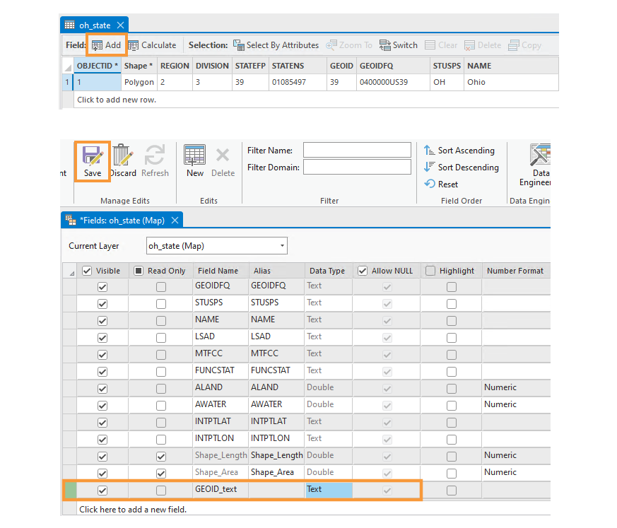 ArcGIS Pro oh_state attribute table and fields view highlighting the Add field button on the attribute table and the newly created field GEOID_text with an orange box.