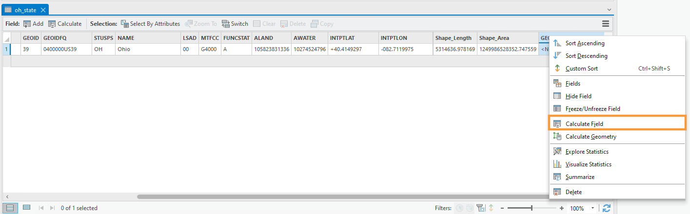 oh_state attribute table in which the GEOID_text field is highlighted and the right-click drop down menu shows the options. Calculate field is emphasized with an orange box.