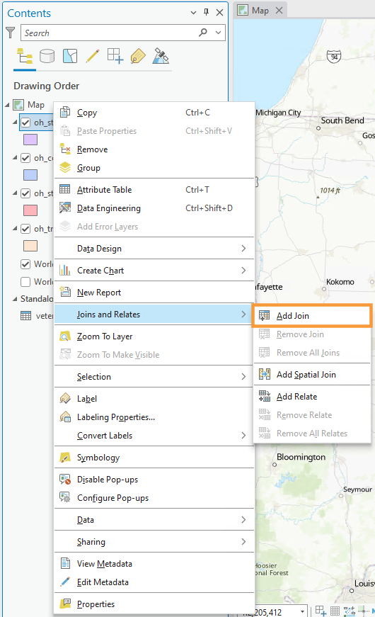 Layer drop down menu showing the joins and relates option and the Add Join option highlighted by an orange box.