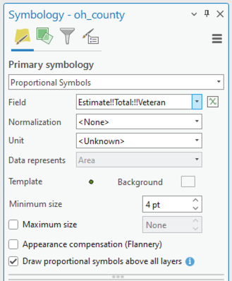 Symbology options in which proportional symbols is highlighted with an orange box.