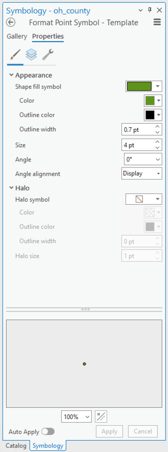 Symbology properties panel displaying the appearance and halo options.