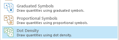 The graduated symbols, proportional symbols, and dot density symbology options in which dot density is highlighted with a light blue box.