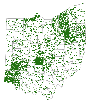 Green dot density map of the veteran population in Ohio by county.