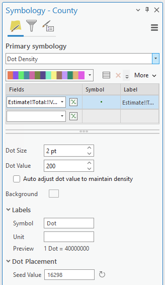 Symbology options for the county layer in which you can change the color, dot size, dot value, labels, and dot placement.