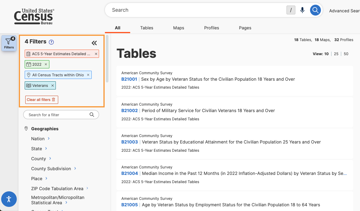 Census data portal highlighting four selected filters which are ACS 5-year estimates, 2022, All Census Tracts within Ohio, and Veterans with an orange box.