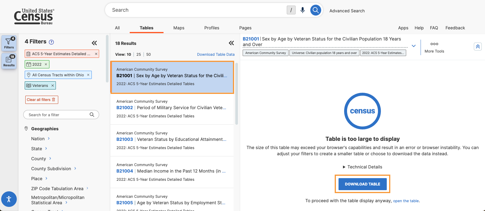 Census data portal highlighting the selected table, sex by age by veteran status and the download table button with an orange button.