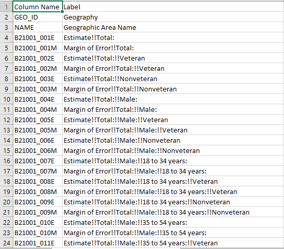 Census metadata table showing the column name and corresponding labels.