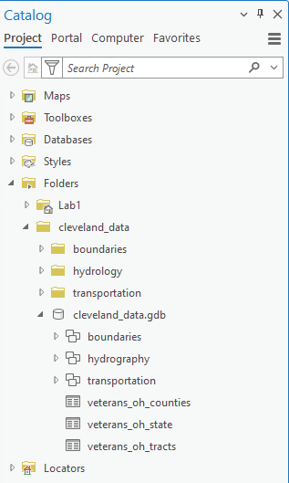 ArcGIS Pro Catalog panel which shows several folders related to the lab including the cleveland_data geodatabase.