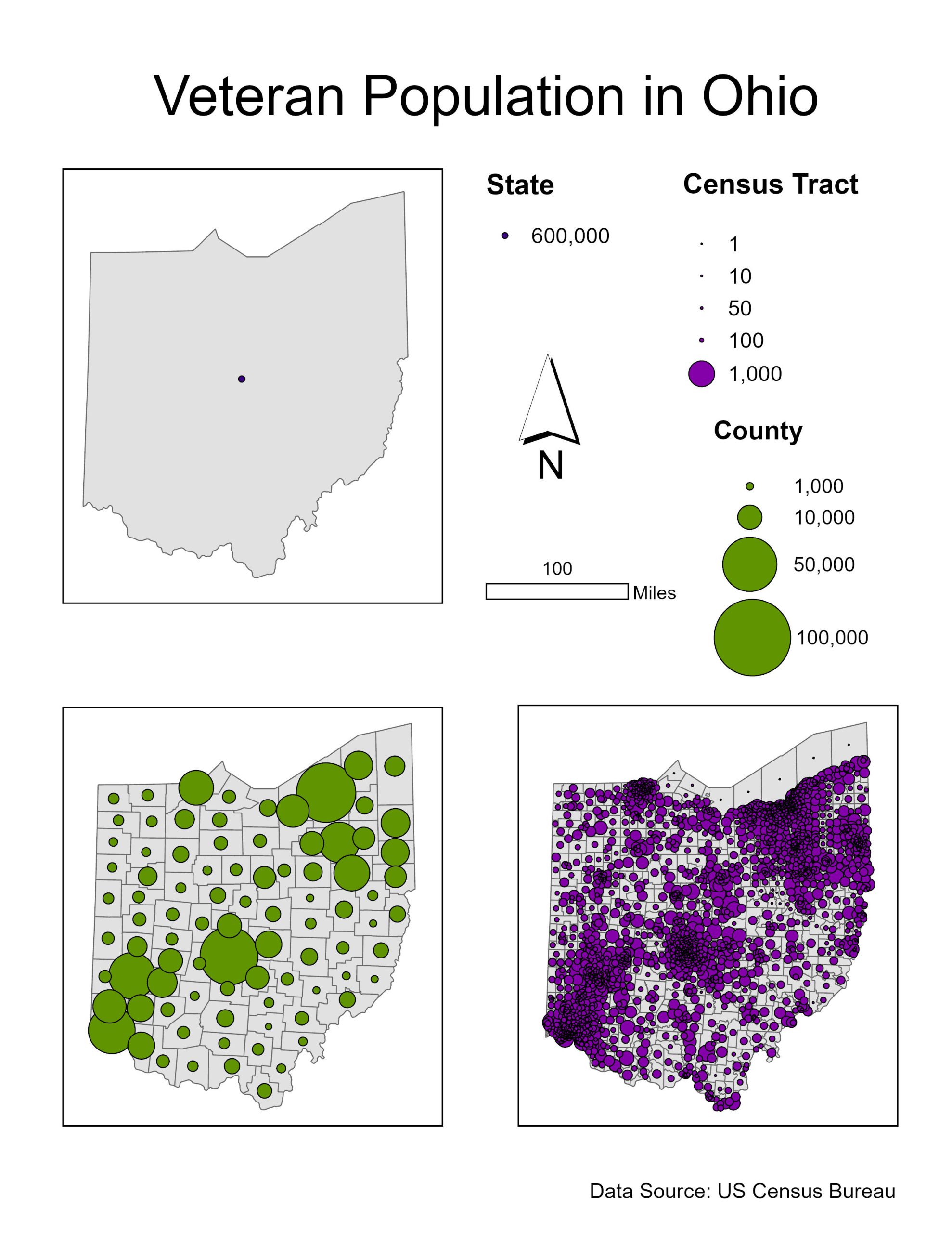 Proportional dot map of the veteran population in Ohio by state, county, and census tract