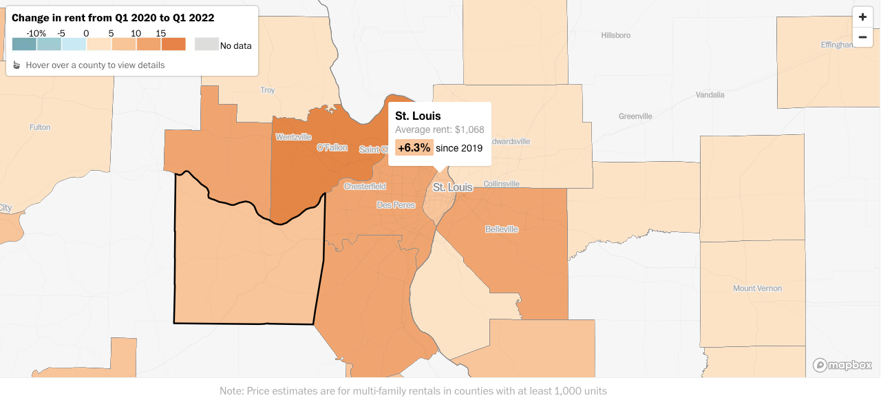 Washington Post web map on increasing and decreasing rents.