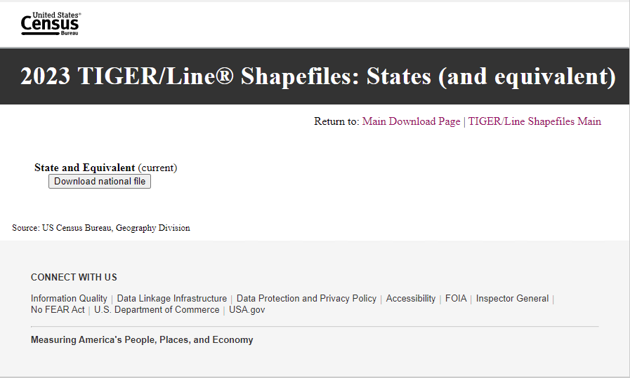 2023 TIGER/Line® Shapefiles: States (and equivalent) download page from the US Census Bureau website.