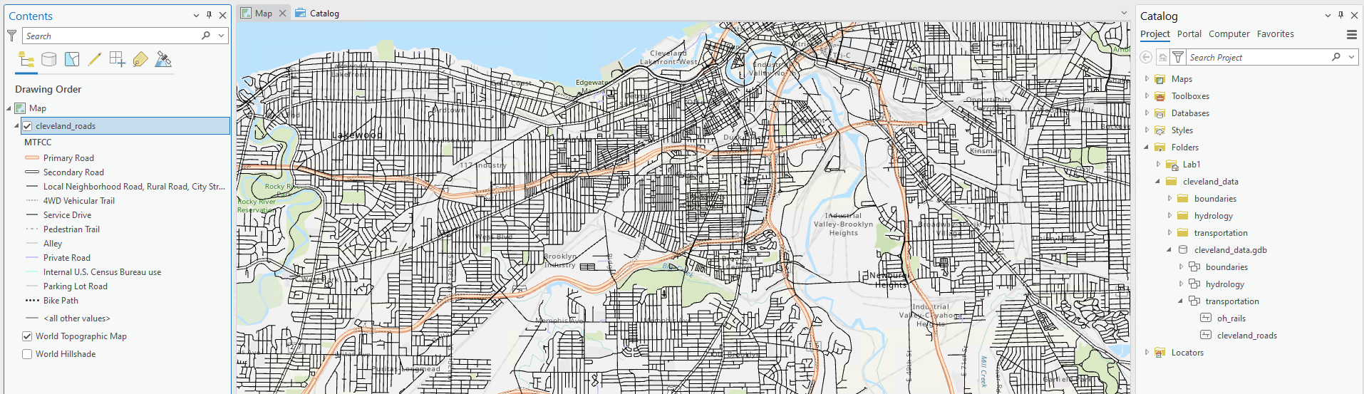 ArcGIS Pro interface displaying the roads features class being symbolized by MTFCC code.