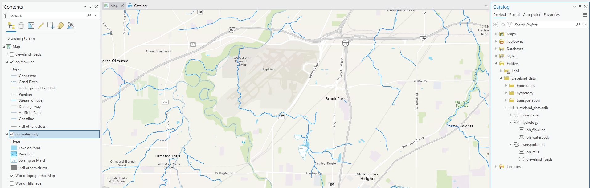 ArcGIS Pro interface showing the flowline and waterbody feature classes symbolized by code.