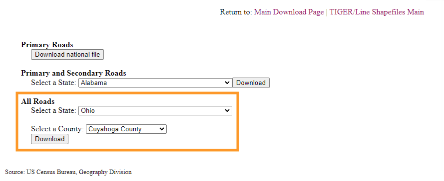 US Census Bureau webpage for downloading road data files with options to select state and county.