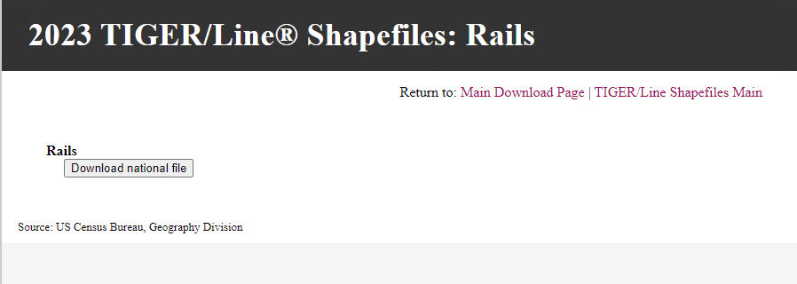 2023 TIGER/Line Shapefiles: Rails download page.