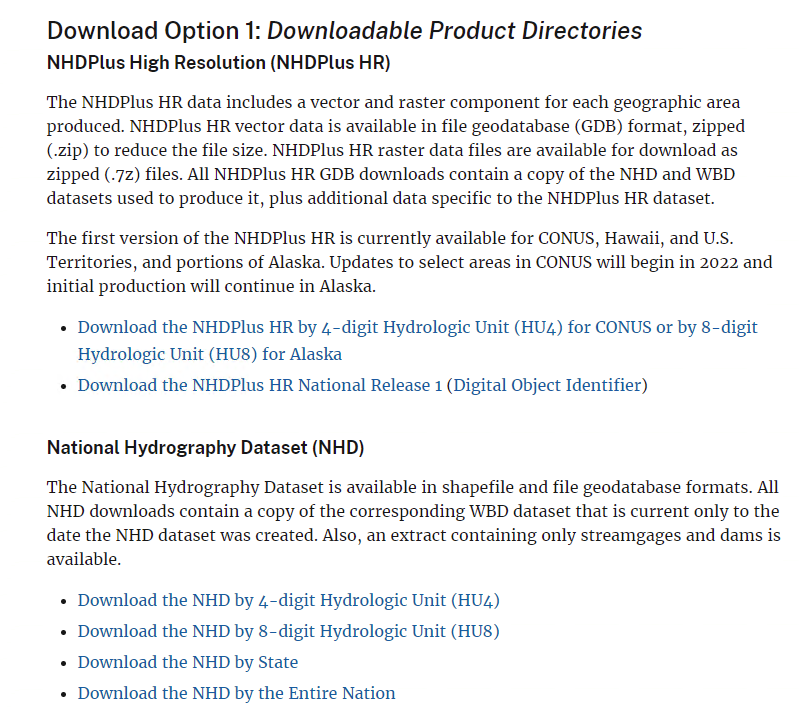 Webpage detailing download options for NHDPlus High Resolution and National Hydrography Dataset, including download links.