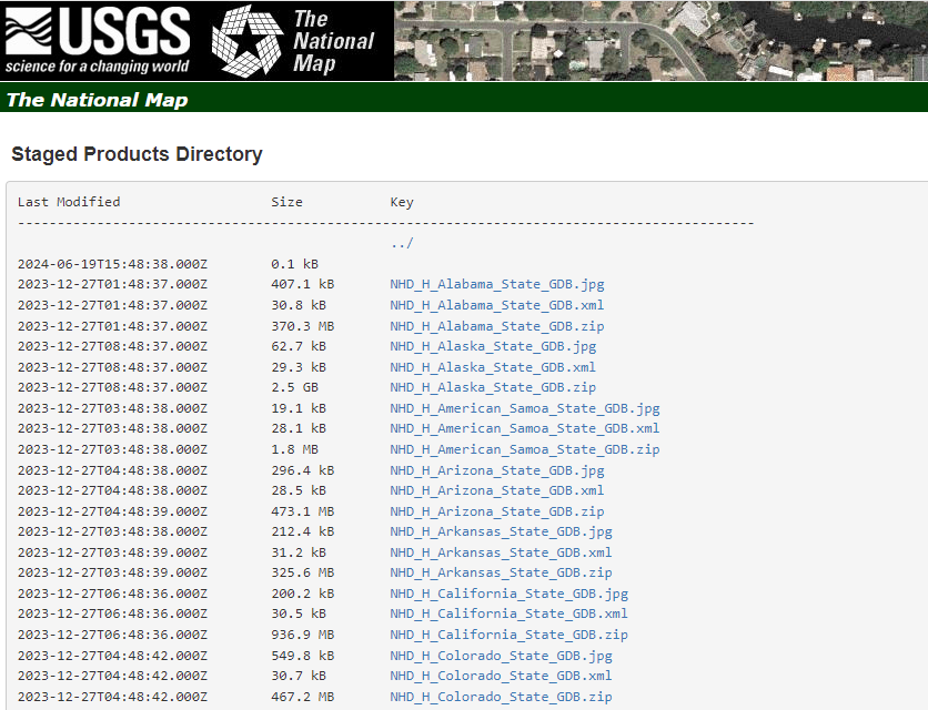 USGS Staged Products Directory containing National Hydrology Dataset geodatabases by state.