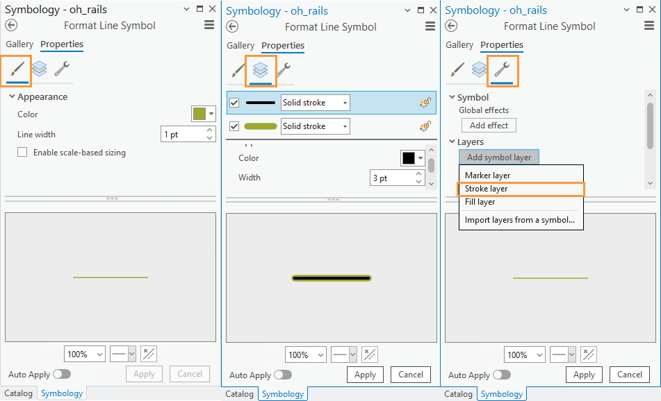 The symbol properties, layers, and structures tabs in the ArcGIS Pro interface.