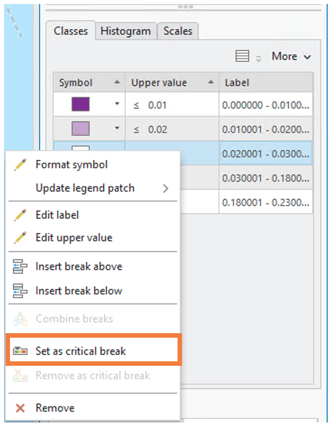 ArcGIS Pro Symbology panel showing a dropdown menu in which "Set as critical break" is highlighted with an orange box.