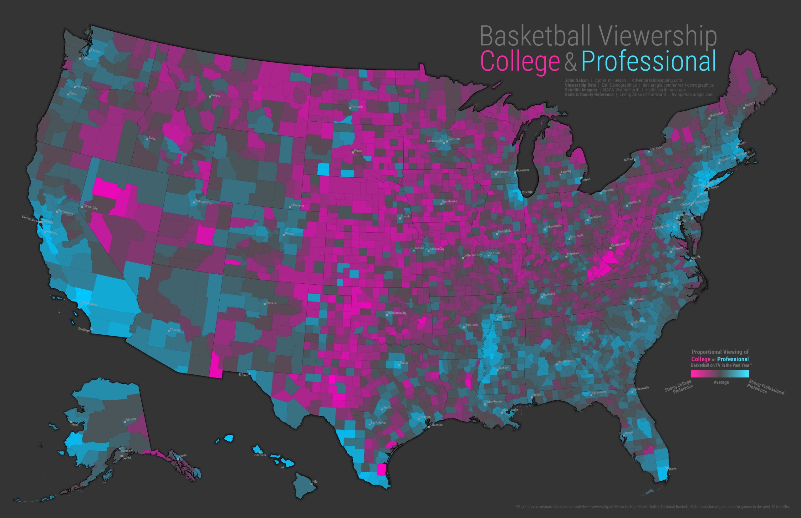 Multivariate map on comparing viewership for college and professional basketball.