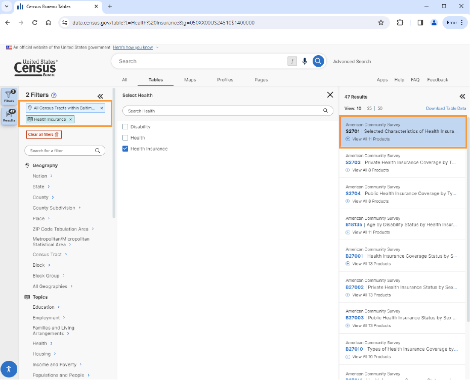 U.S. Census data portal showing search results based on health insurance and Census Tracts.