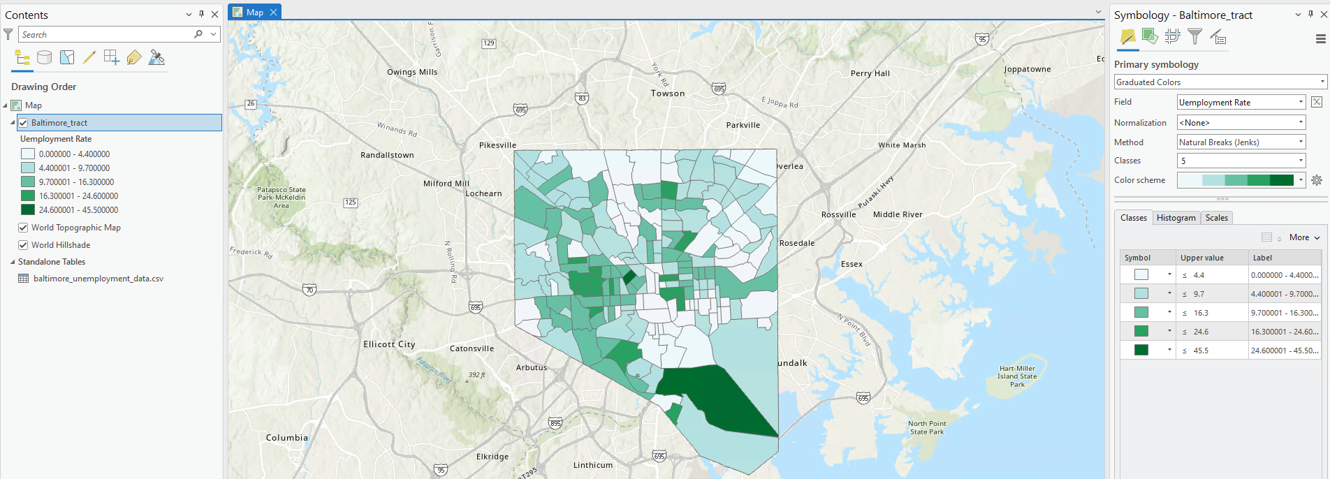 ArcGIS Pro layout showing census tracts in Baltimore symbolized by shades of green.