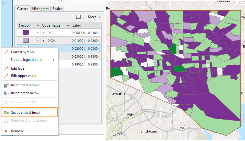 ArcGIS Pro Symbology panel showing a dropdown menu in which "Set as critical break" is highlighted with an orange box. On the right shows the results of setting the critical break on the symbology of Baltimore census tracts.