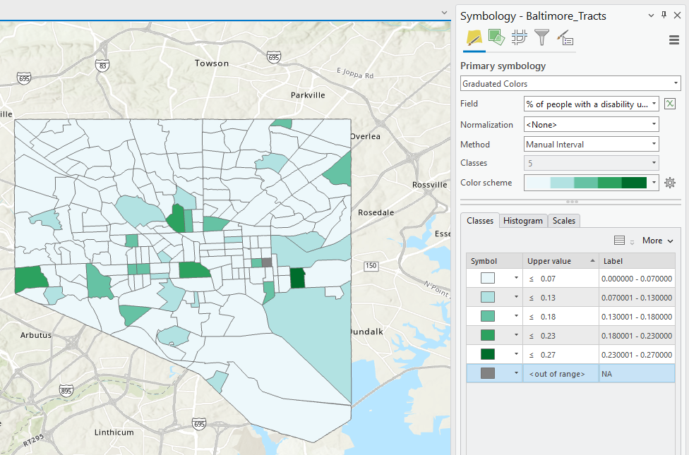 Balitmore census tract being symbolized by the manual interval method in which a green color scheme is being used.