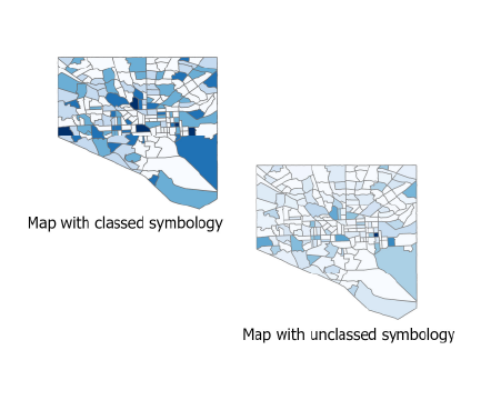 Two maps demonstrating classed and unclassed symbology of Baltimore Census tracts with a blue color scheme.