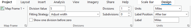 Scale bar formatting menu in which one can change the divisions, units, labels, and label position.