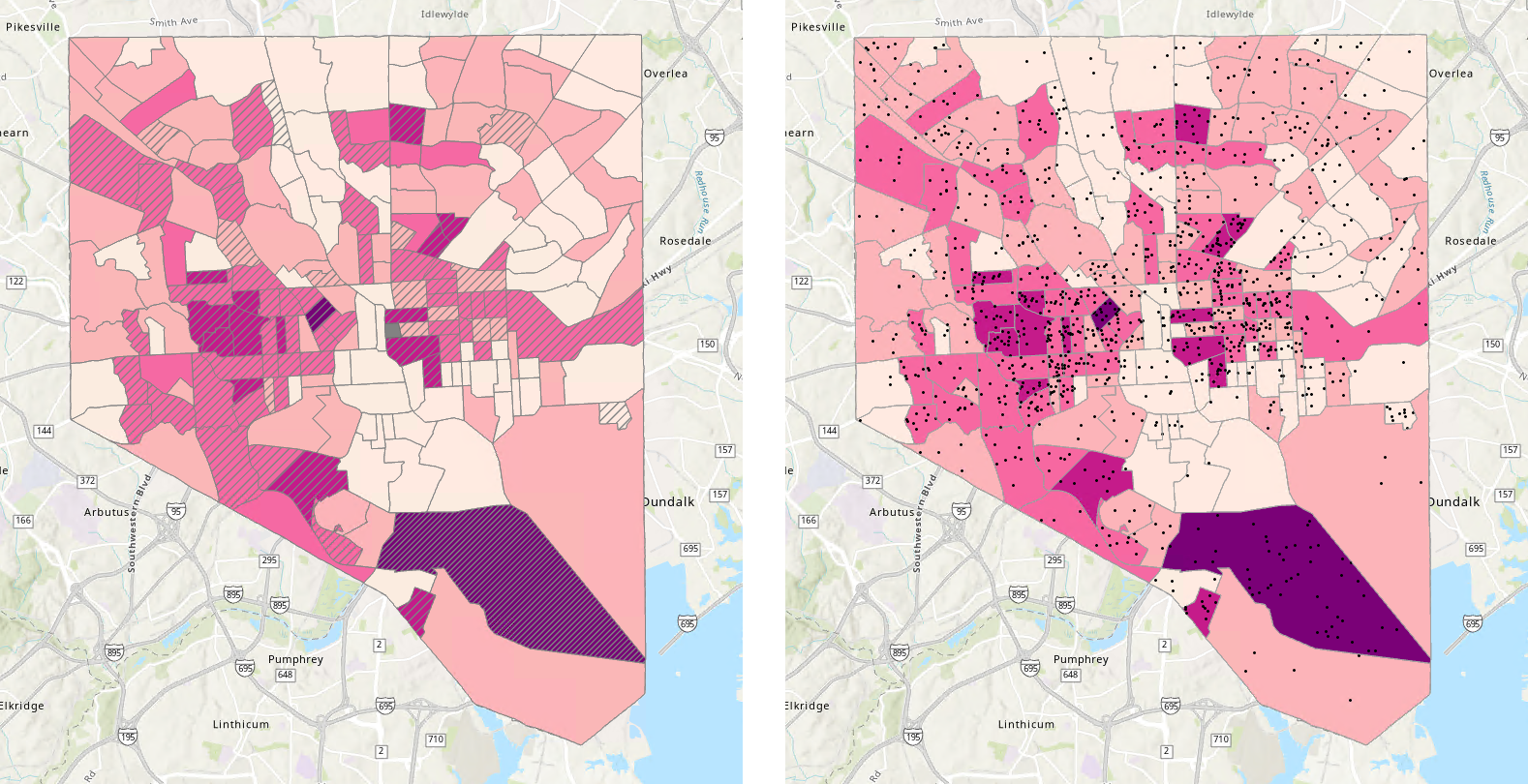 Two examples of extrinsic uncertainty visualization in which the map on the left shows uncertainty by the boldness of the hatch lines and the right shows uncertainty through the dot density method.