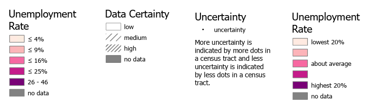 Two multivariate map legend designs. The legend on the left has more specifics about the classifications and data certainty is indicated by the number of hash lines. The legend on the right has more generalized labeling and uncertainty is indicated by a dot.