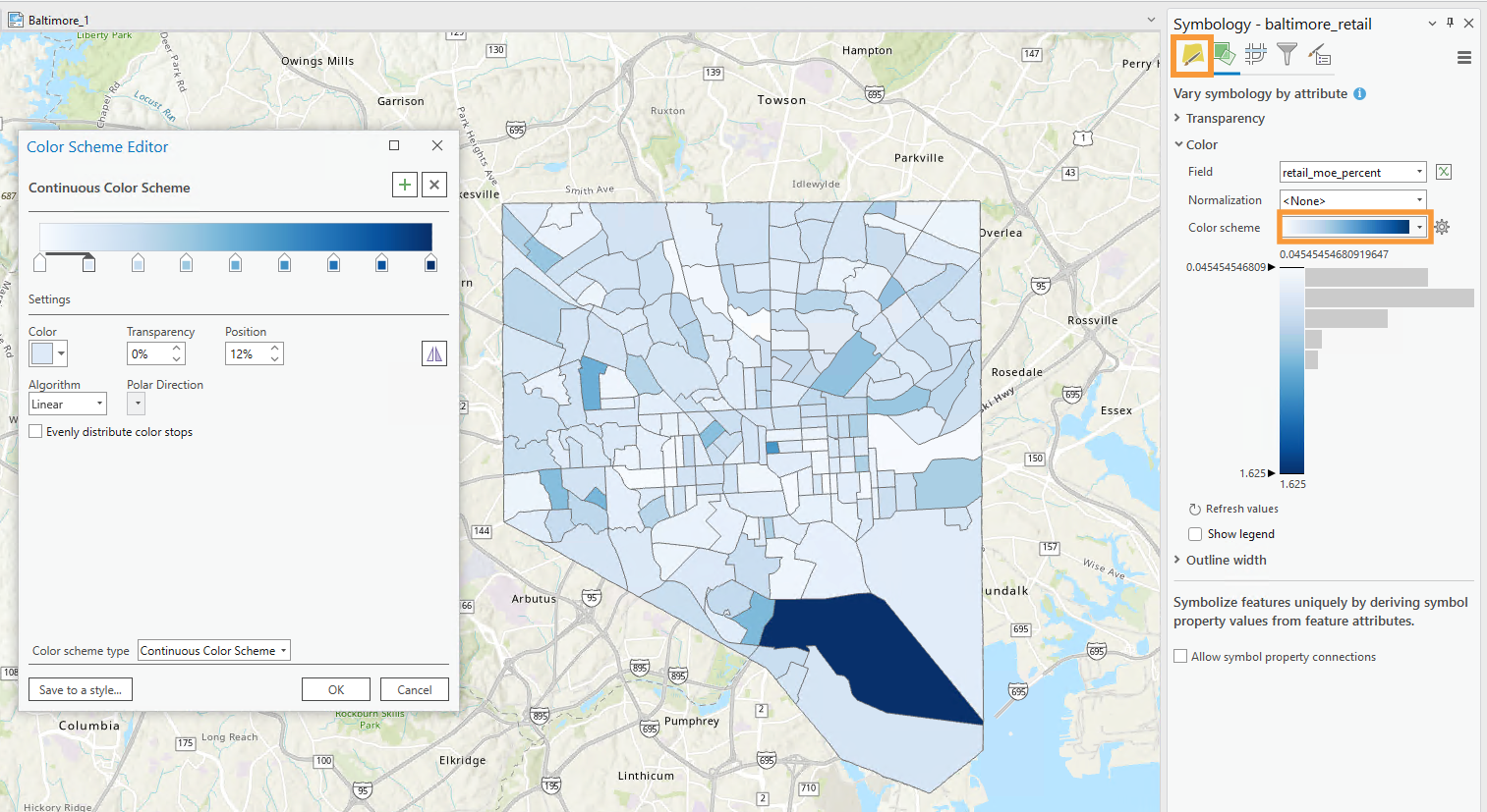 Adding a symbology of various shades of blue to Baltimore census tracts for the percentage of people employed in retail variable. The panel on the left is the color scheme editor and the panel on the right is the symbology panel. The. vary symbology by attribute button and the color scheme option is highlighted with an orange box.