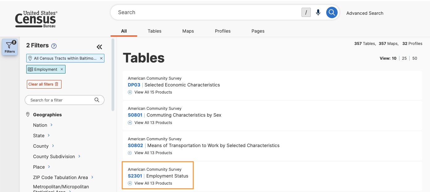 US Census data portal results in which the S2301 Employment Status table is highlighted with an orange box.