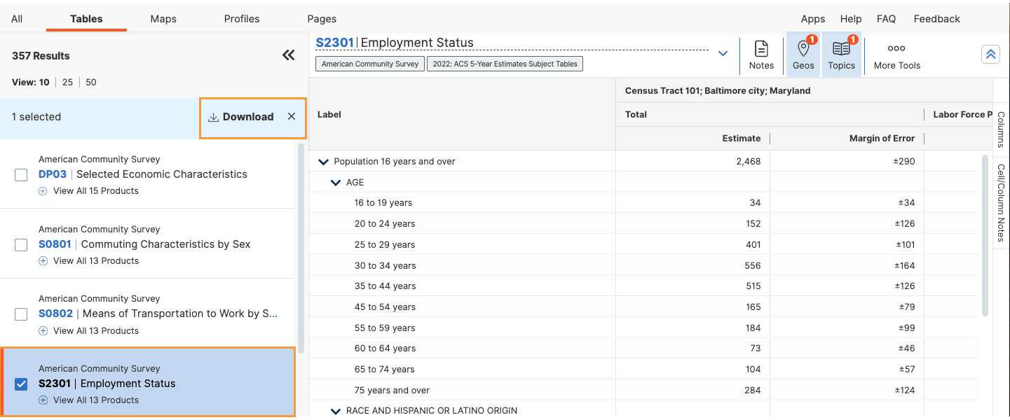 US Census data portal results which the S2301 Employment Status table is checked and highlighted with an orange box and the download button is highlighted with an orange box. To the right of that is a preview of the data table.