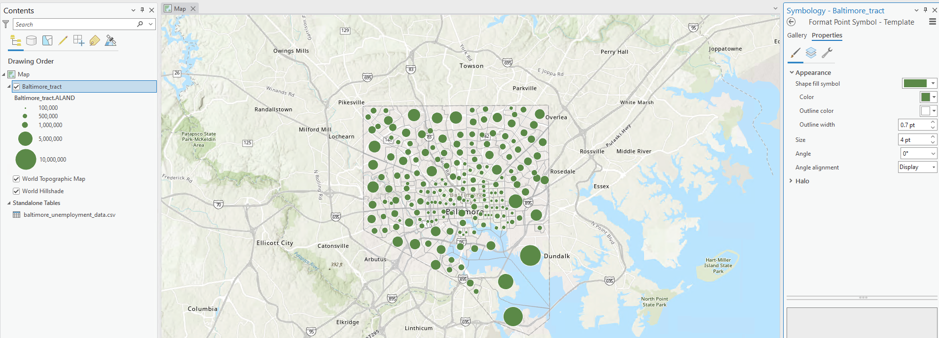 ArcGIS Pro interface in which the Baltimore Census tracts are symbolized by green proportional symbols.