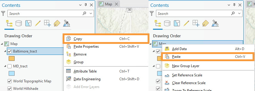 The copy and paste functions in the Baltimore tract dropdown menu. These options are highlighted with an orange box.