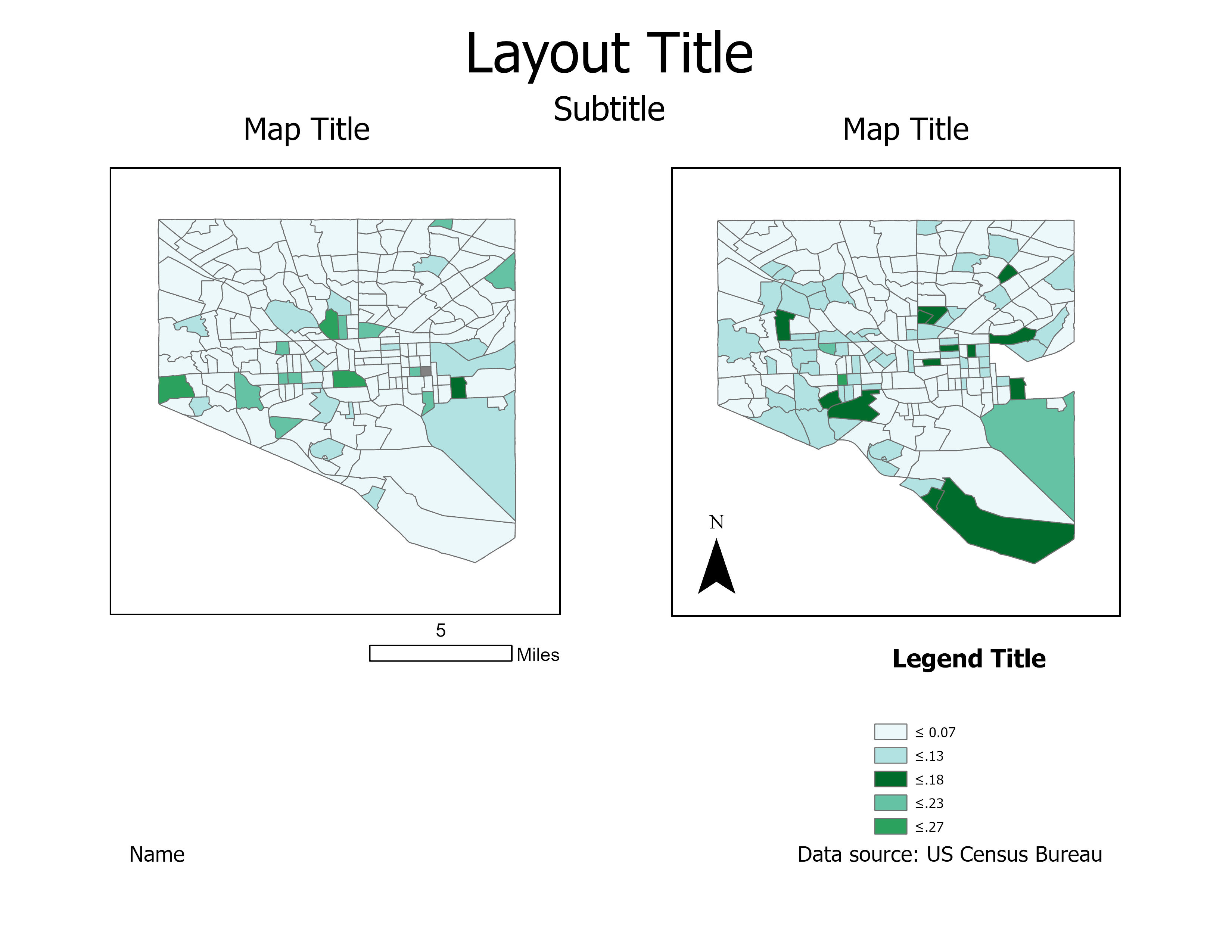 Two ArcGIS maps of Balitmore census tracts showing a green symbology of applying a sequential color scheme and manual breaks.