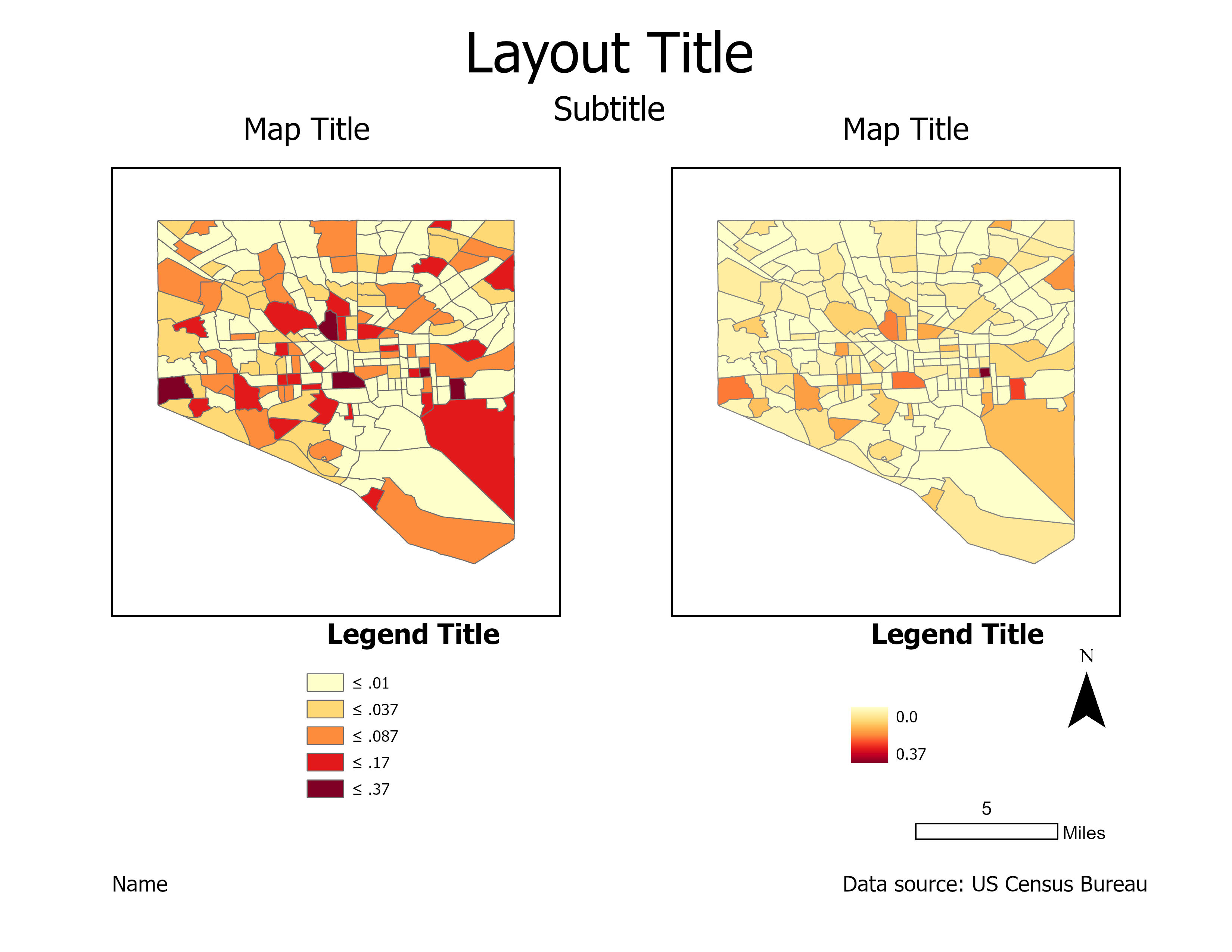 Two ArcGIS maps of Balitmore census tracts showing a symbology of shades of orange. The left map uses an classed scheme and the map on the right uses an unclassed scheme.