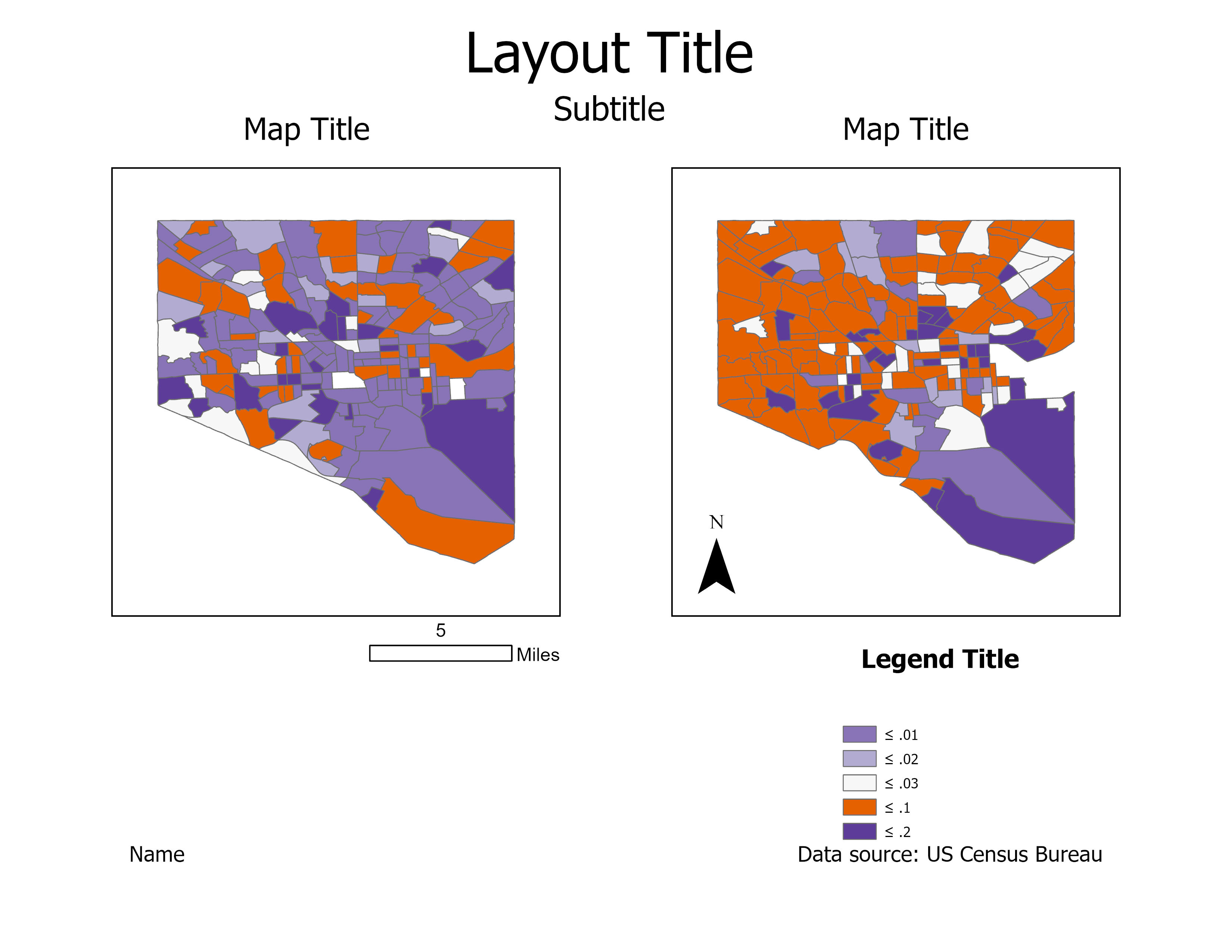 Two ArcGIS maps of Balitmore census tracts showing a purple, white, and orange color symbology of applying a diverging color scheme and critical breaks.