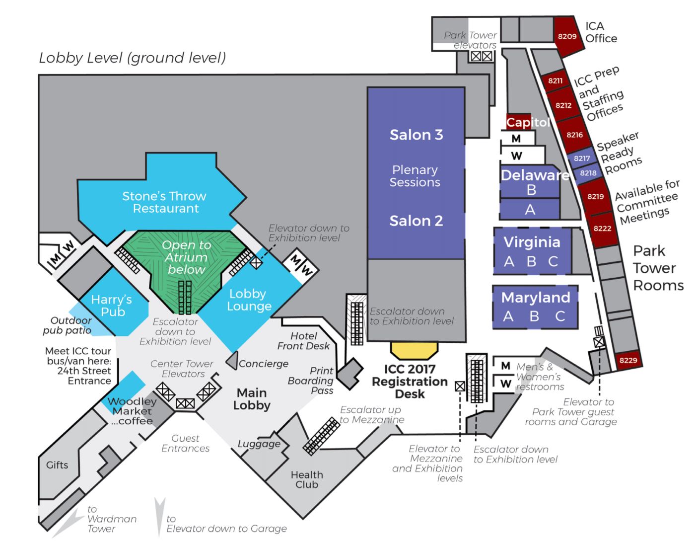 Lobby level floor plan of the Washington DC Marriott showing rooms, restaurants, lounges, meeting areas, and facilities.