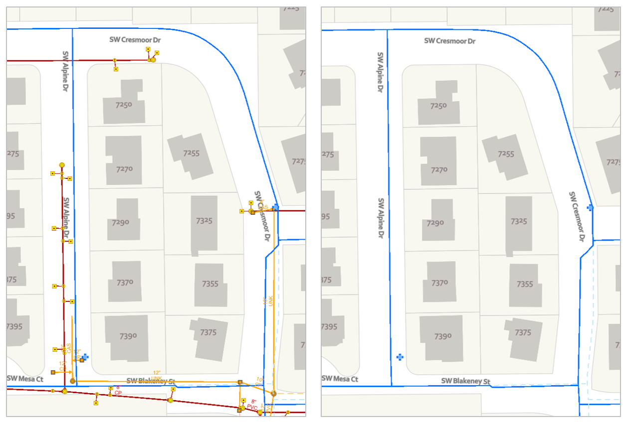 Two side-by-side maps of a residential neighborhood showing streets and numbered houses, with blue and red infrastructure lines on the left map and only blue lines on the right map.