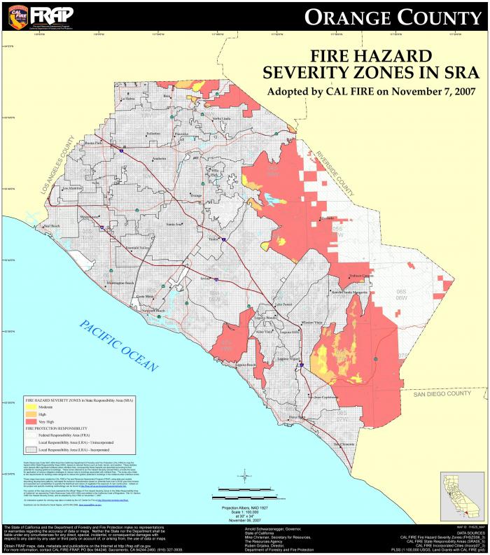 Map of Orange County showing fire hazard severity zones with areas marked in red, orange, and yellow indicating levels of hazard.