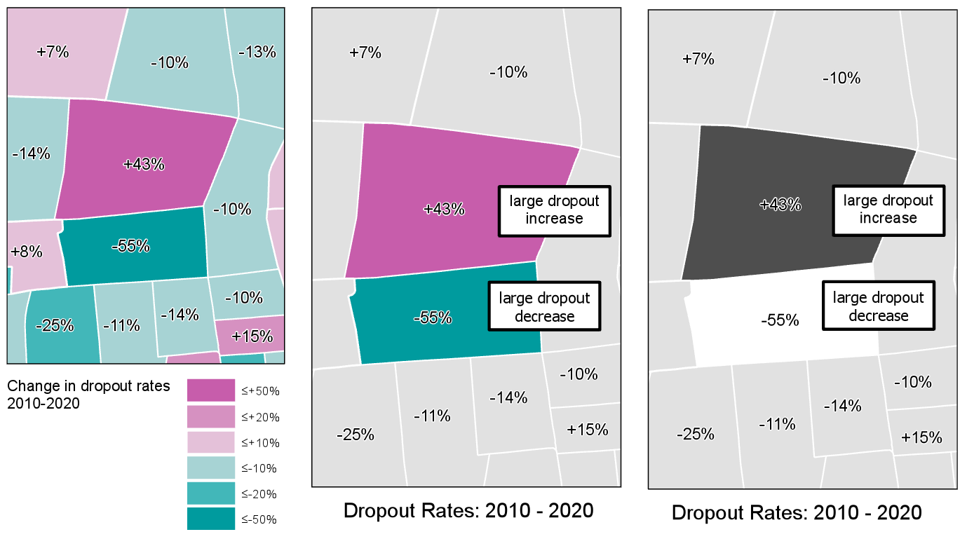 Three maps show changes in dropout rates from 2010-2020. The maps display regions color-coded or shaded to represent different ranges of dropout rate changes.